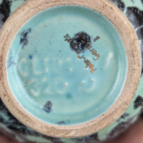 Vintage Mid-Century Fohr Keramic 320-0 Vase Turquoise Black Lava Glaze Gold Ger - Picture 9 of 9